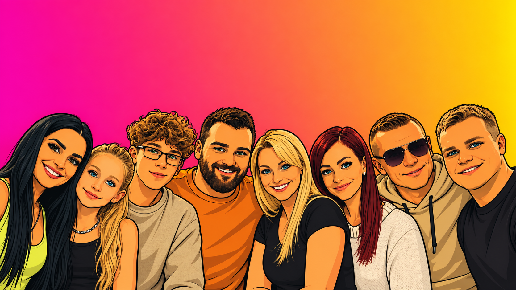 Ilustrowany portret zespołu Duo-Creative na kolorowym tle