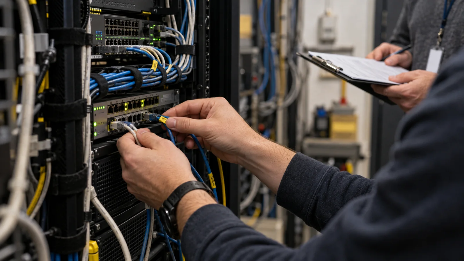 Technik sprawdzający okablowanie serwera przed uruchomieniem strony