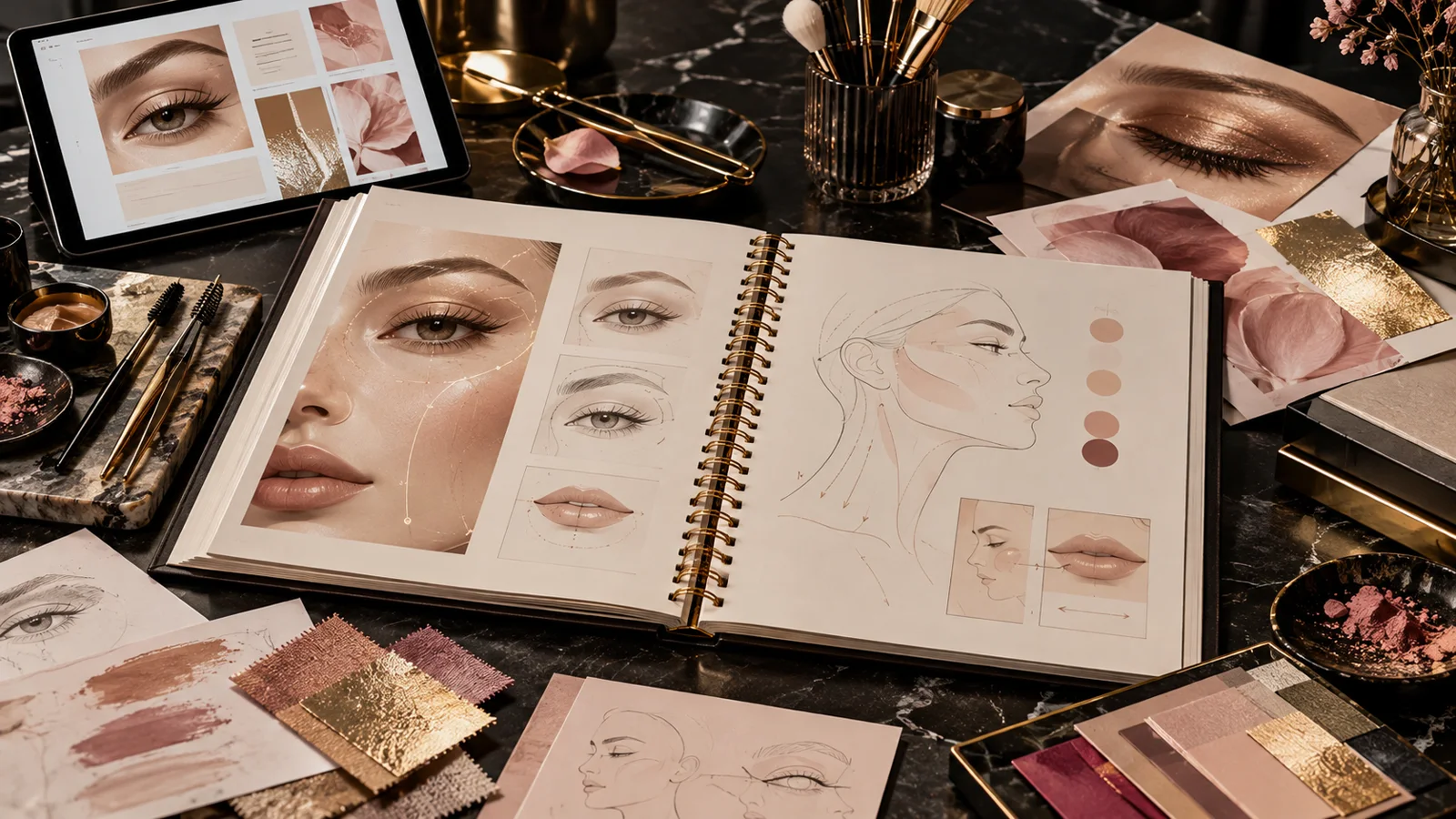 Elegancki podręcznik szkoleniowy branży beauty na stole projektowym