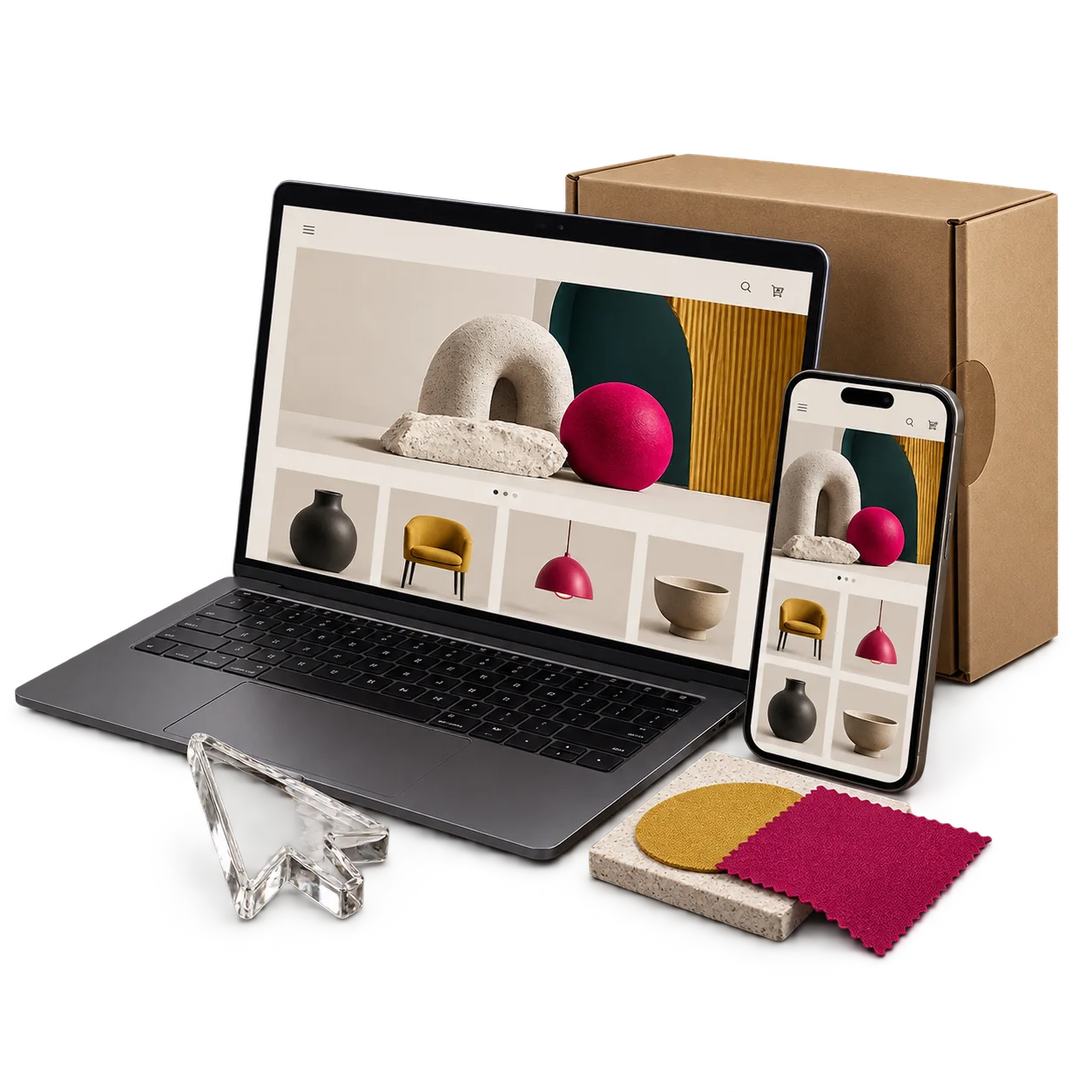 Laptop, telefon i materiały sklepu internetowego